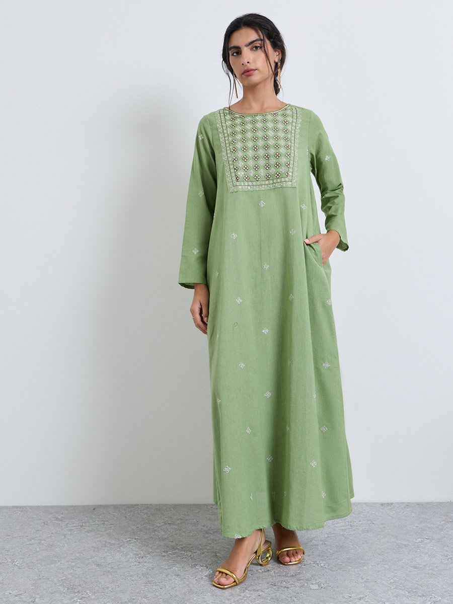 Green Long Sleeves Embroidered Maxi Jalabiya