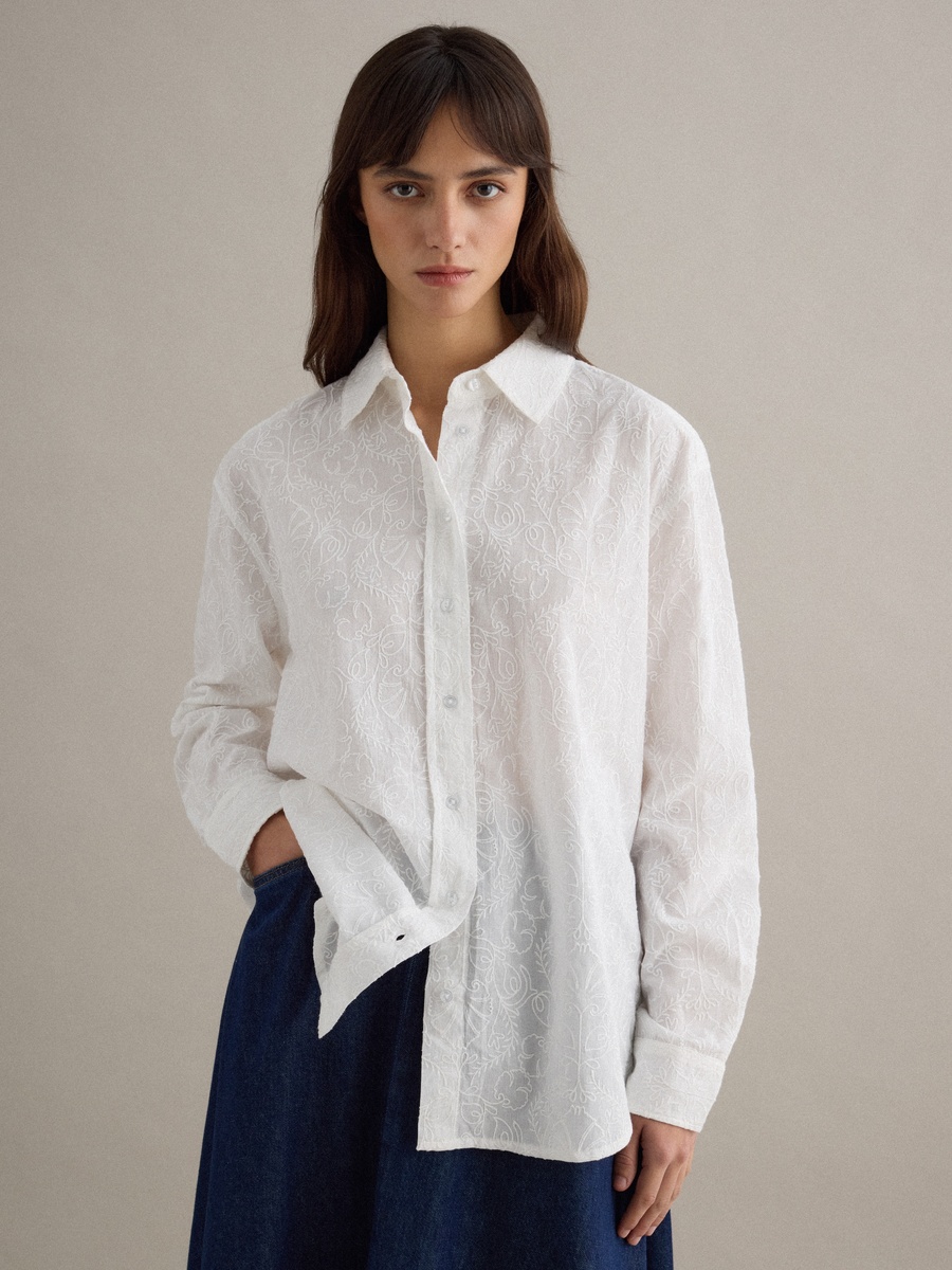 White Embroidered Pure Cotton Oversized Shirt