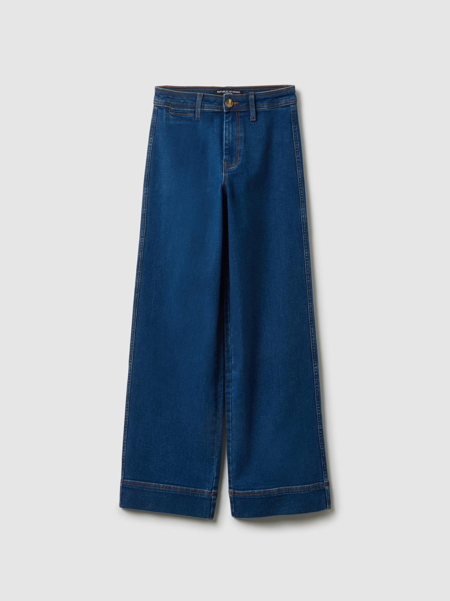 Women Navy Blue Wide Leg Stretch Cotton Jeans