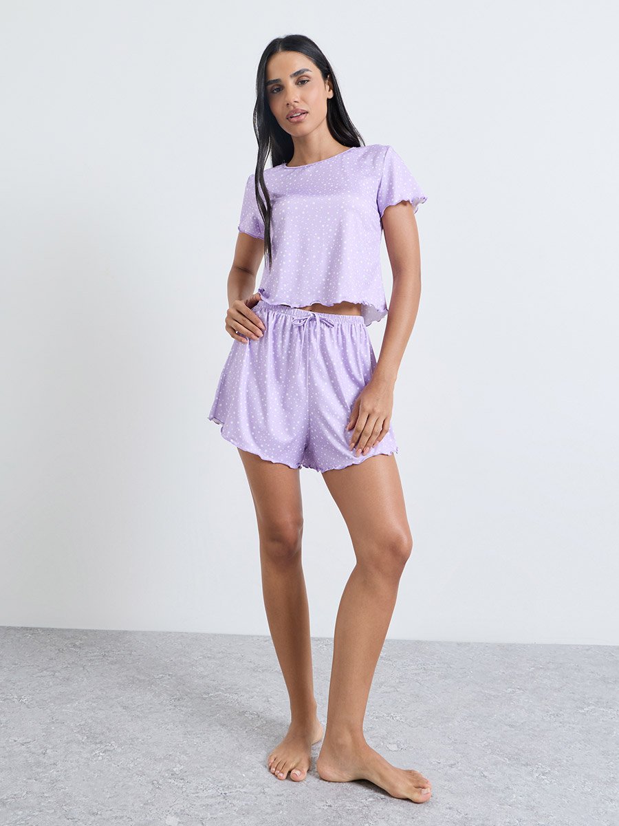 Lilac Lettuce Hem Polka Dot T-Shirt and Shorts Set