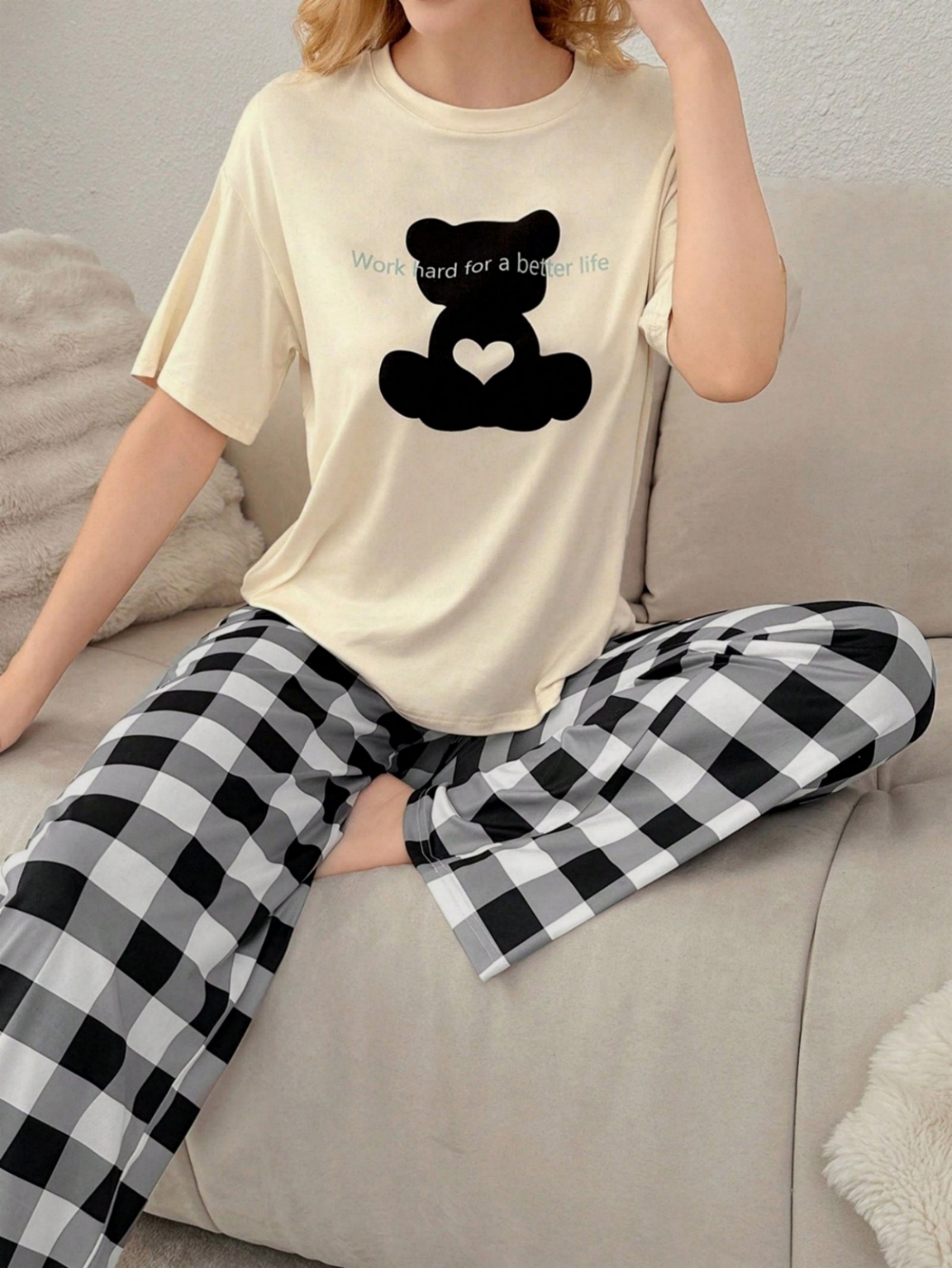 Bear Print Short Sleeve T-Shirt and Checked Pyjama Set