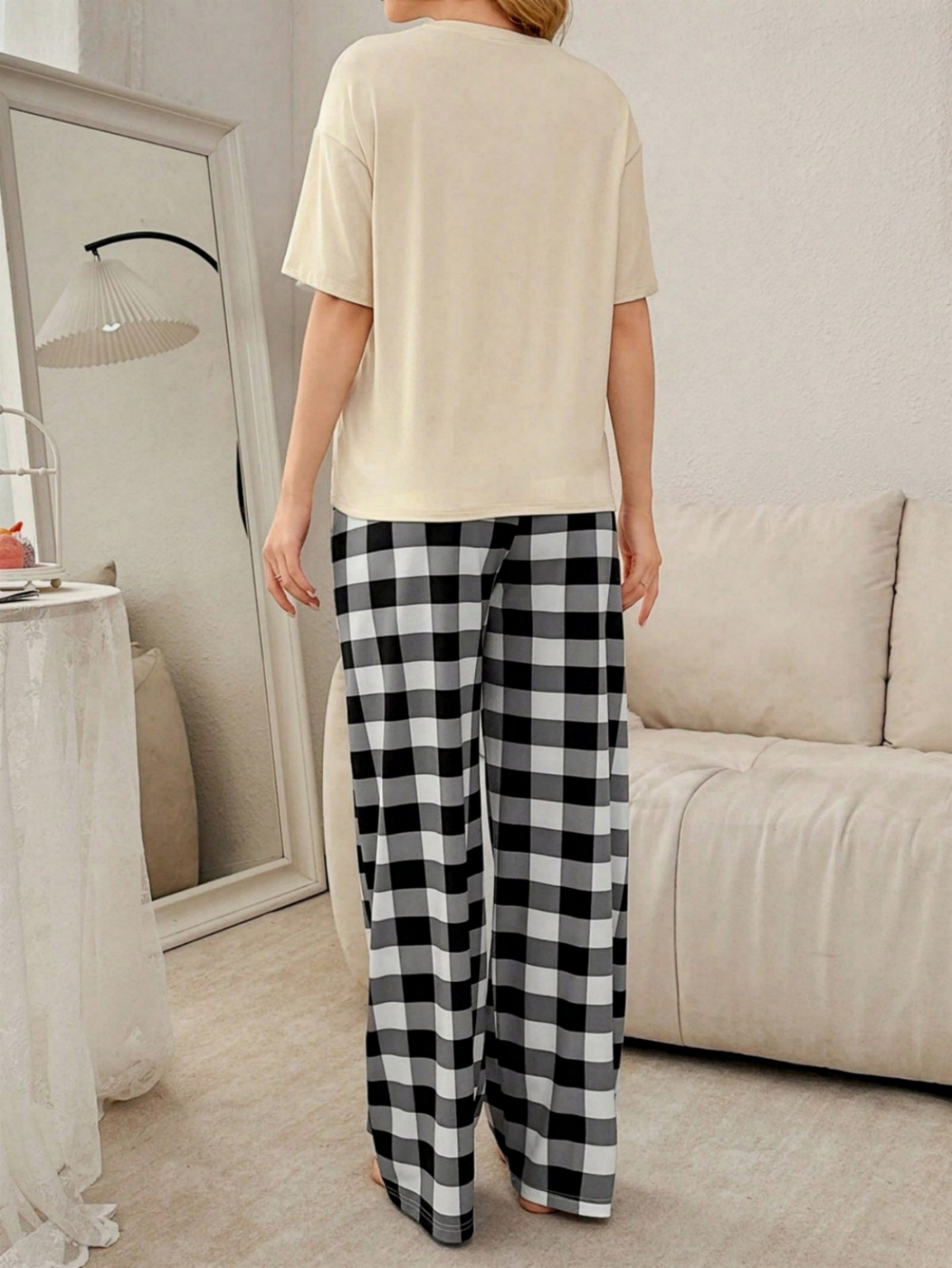 Bear Print Short Sleeve T-Shirt and Checked Pyjama Set