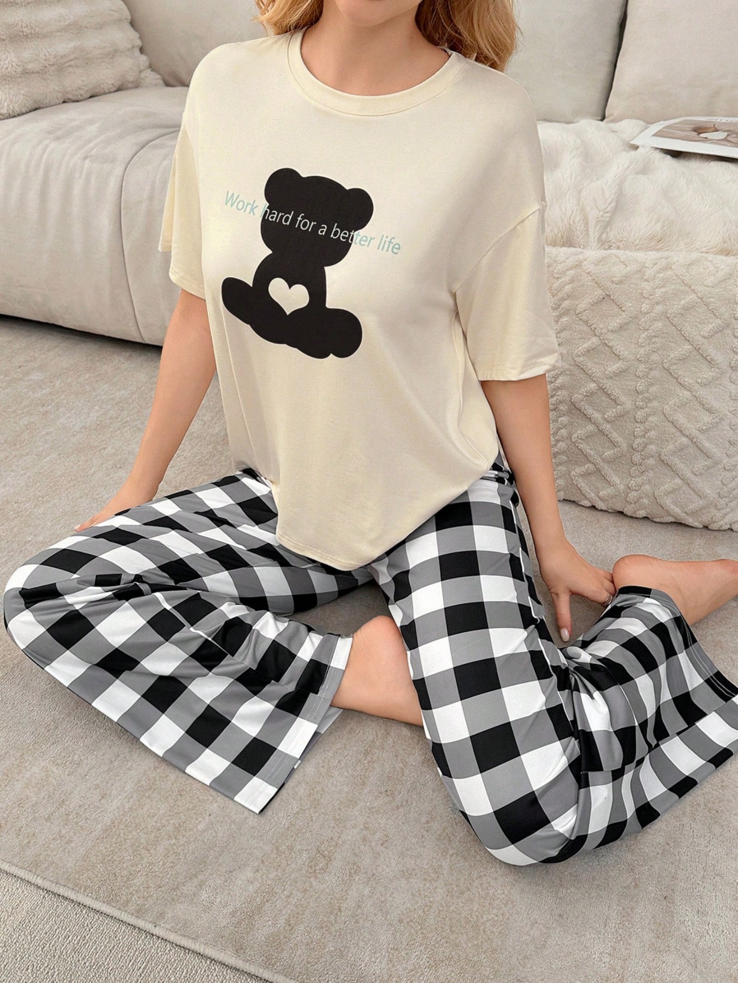 Bear Print Short Sleeve T-Shirt and Checked Pyjama Set