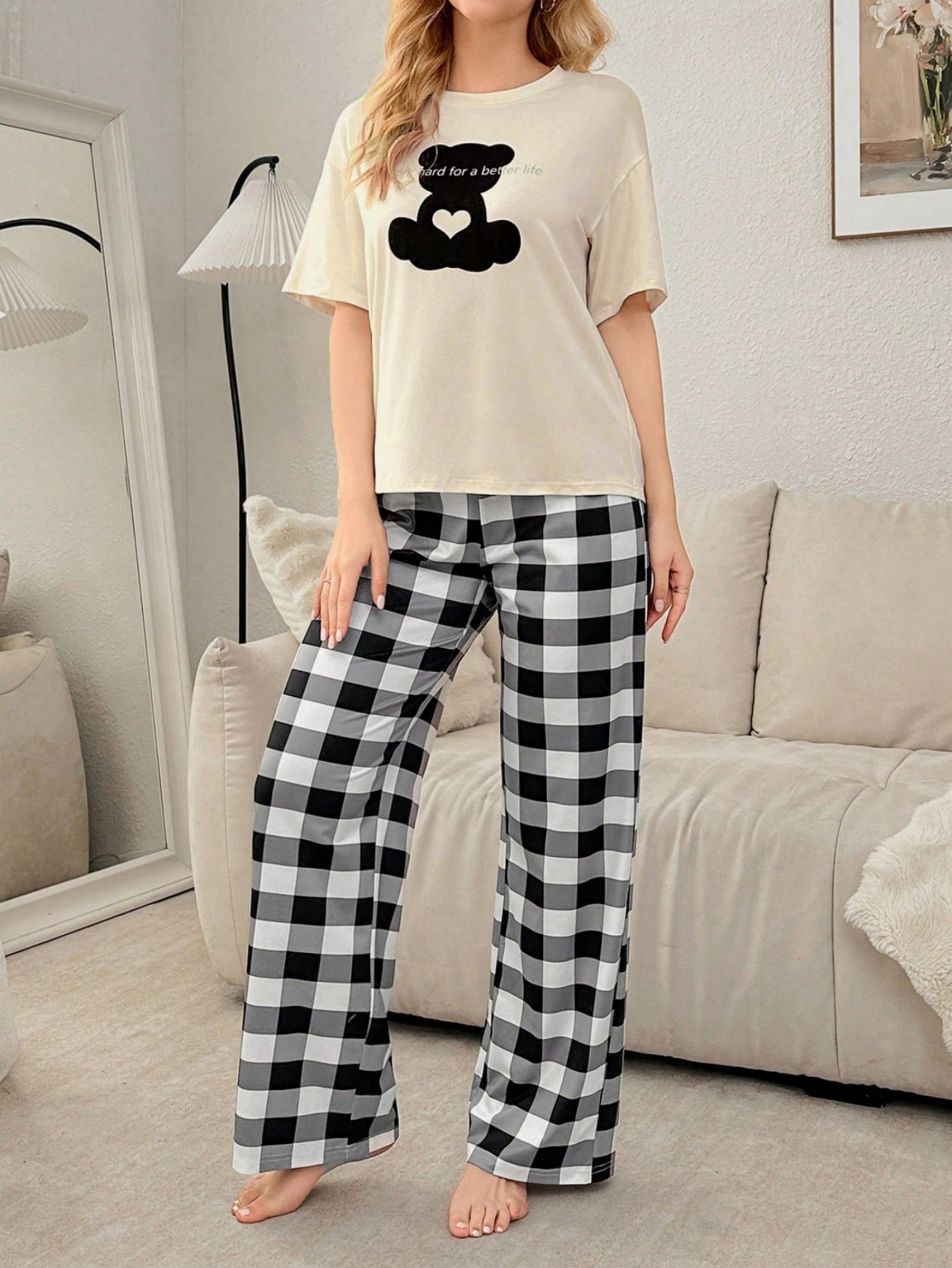 Bear Print Short Sleeve T-Shirt and Checked Pyjama Set