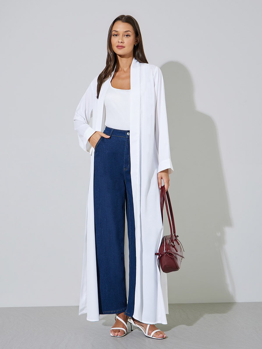 White Solid Open Front Maxi Abaya