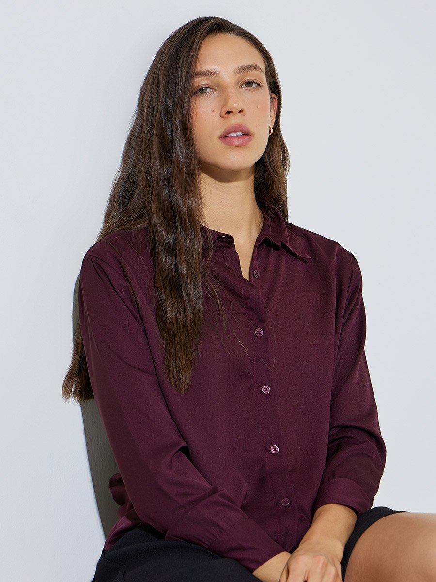 Burgundy Oversized Longline Shirt with Curved Hem