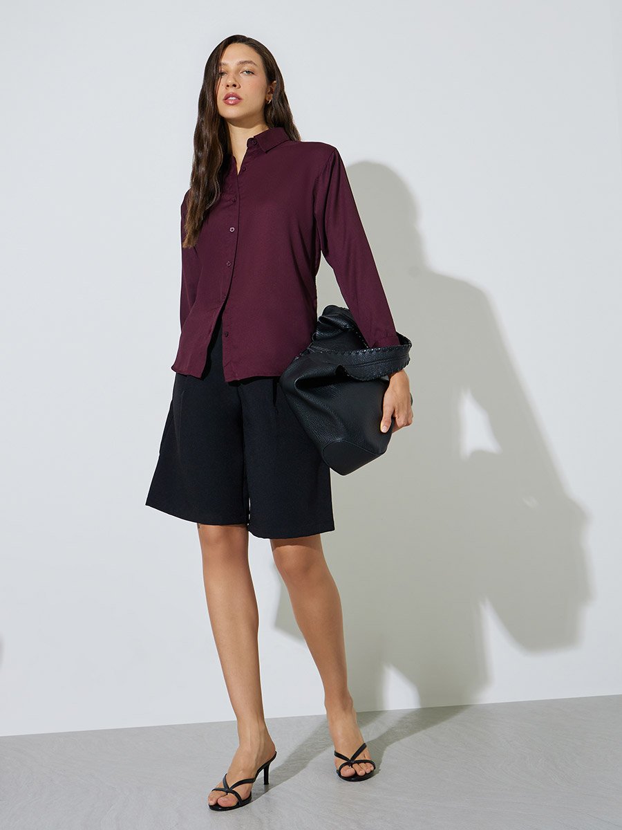 Burgundy Oversized Longline Shirt with Curved Hem