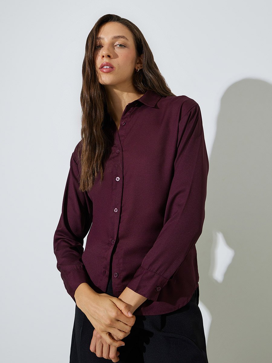Burgundy Oversized Longline Shirt with Curved Hem