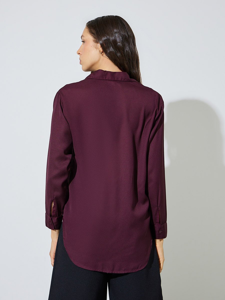 Burgundy Oversized Longline Shirt with Curved Hem