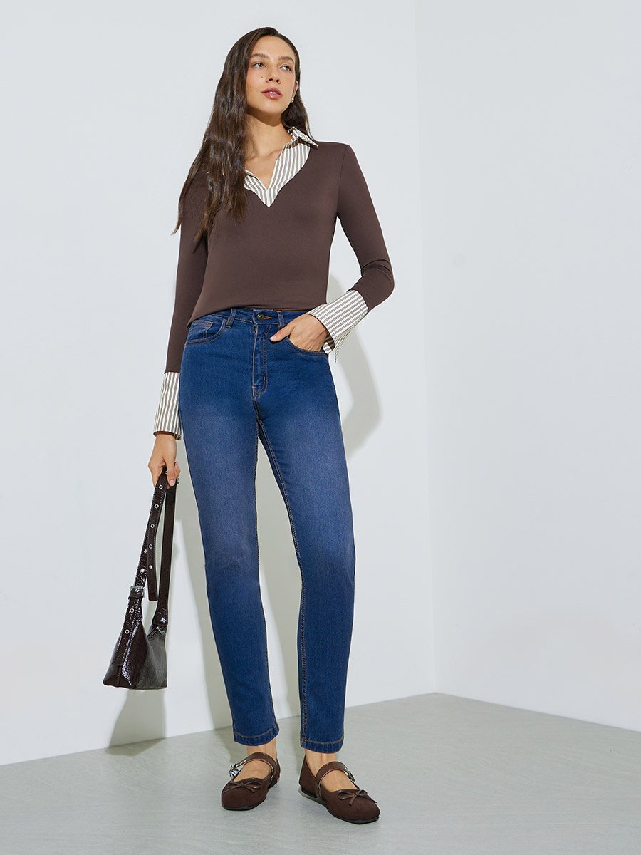 Brown Layered Collar Long Sleeve Top