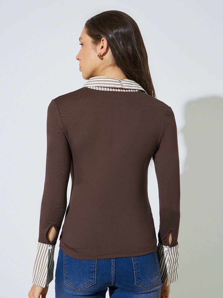 Brown Layered Collar Long Sleeve Top