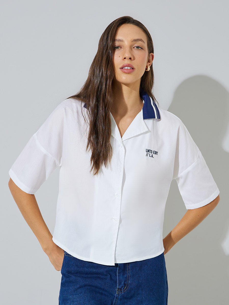 Off-White Short Sleeve Contrast Collar Shirt