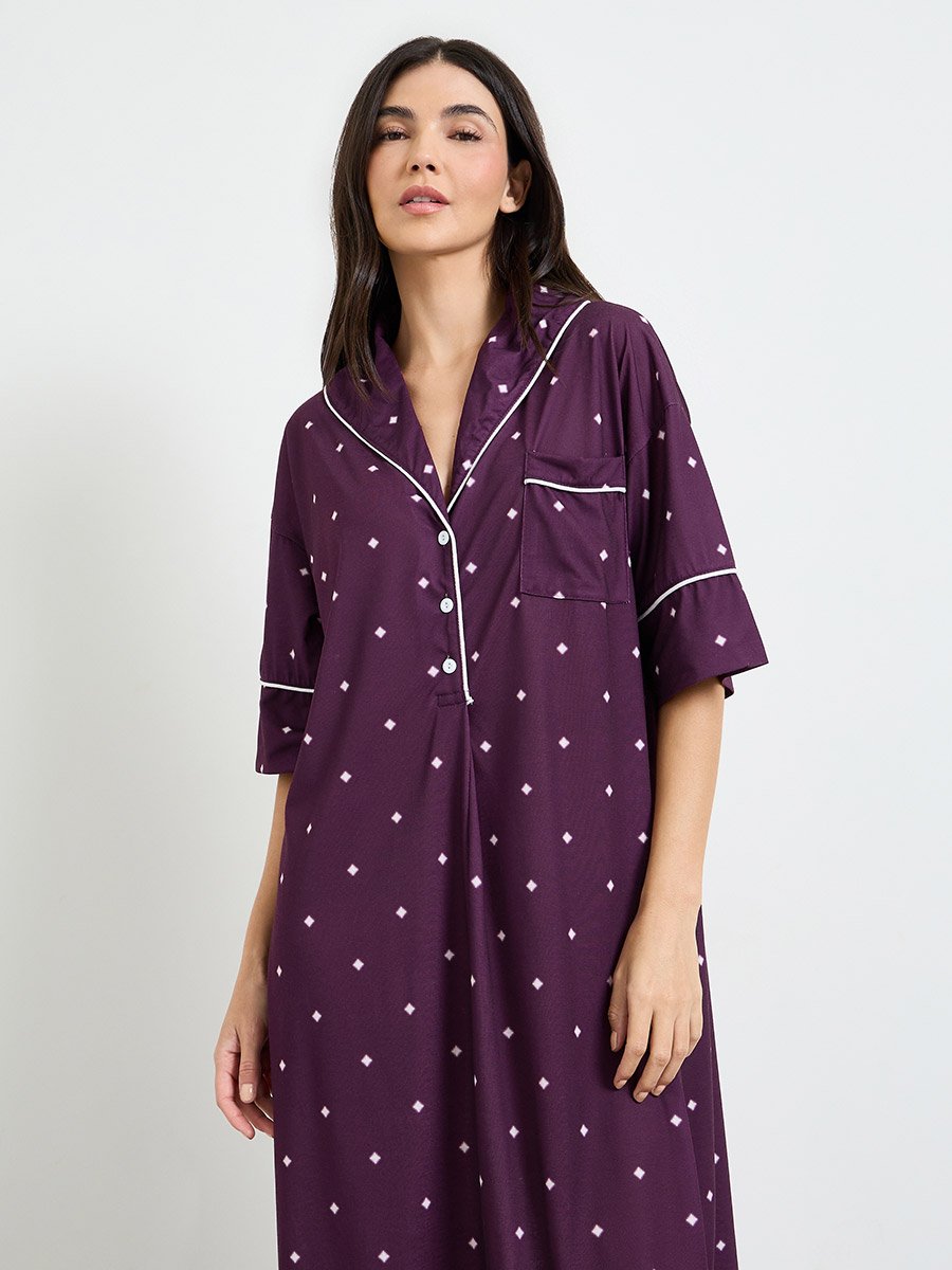 Purple Contrast Piping Polka Dot Nightshirt