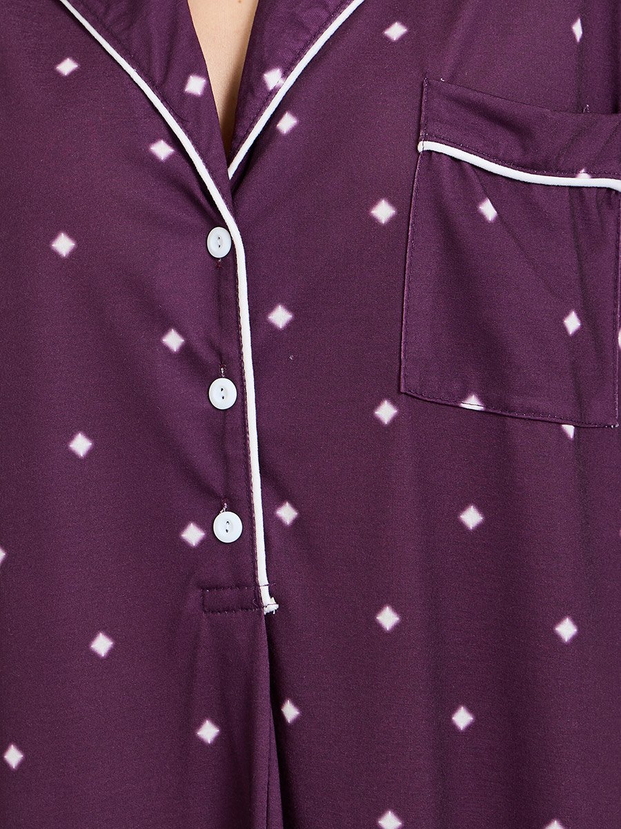 Purple Contrast Piping Polka Dot Nightshirt