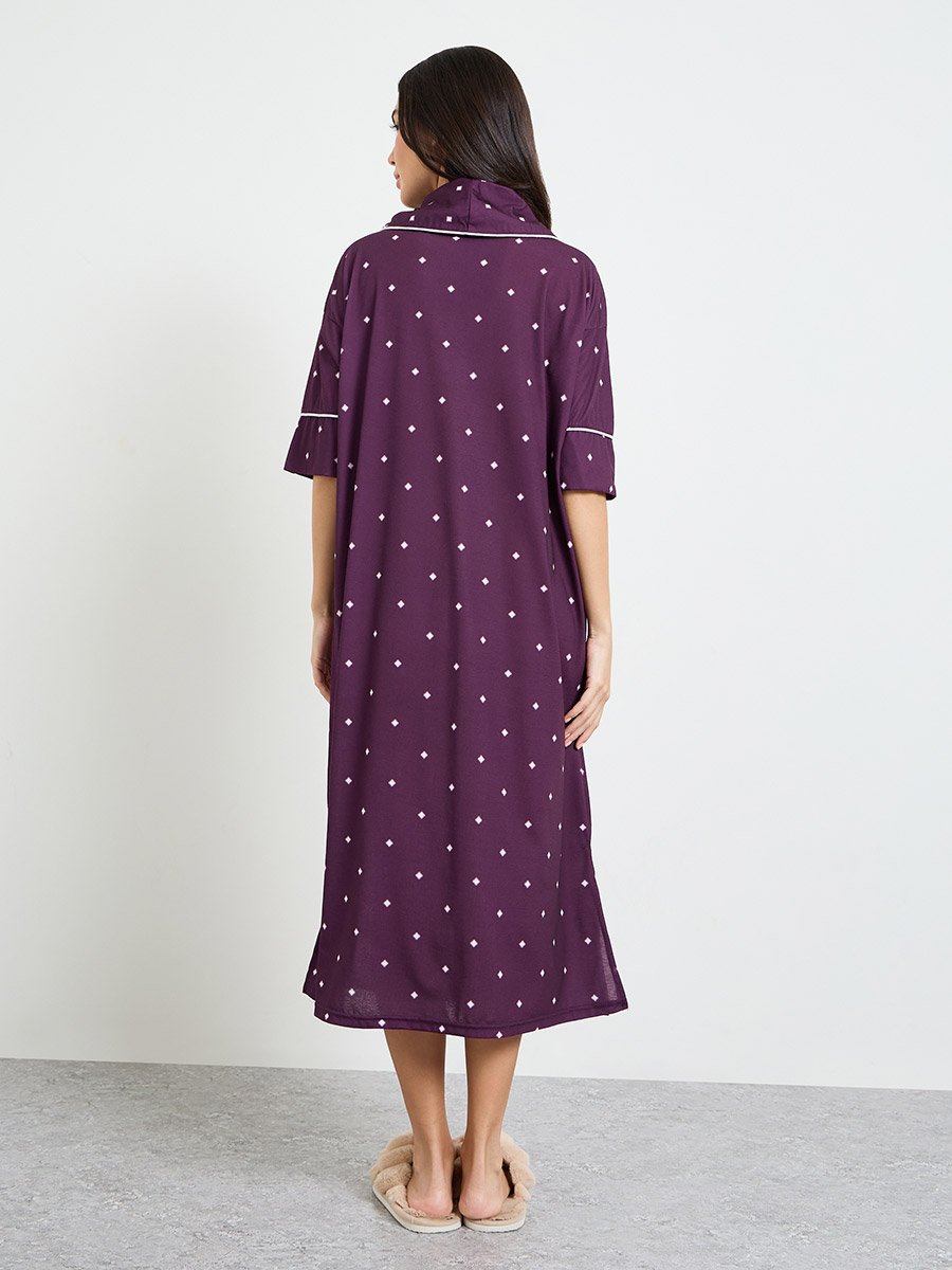 Purple Contrast Piping Polka Dot Nightshirt