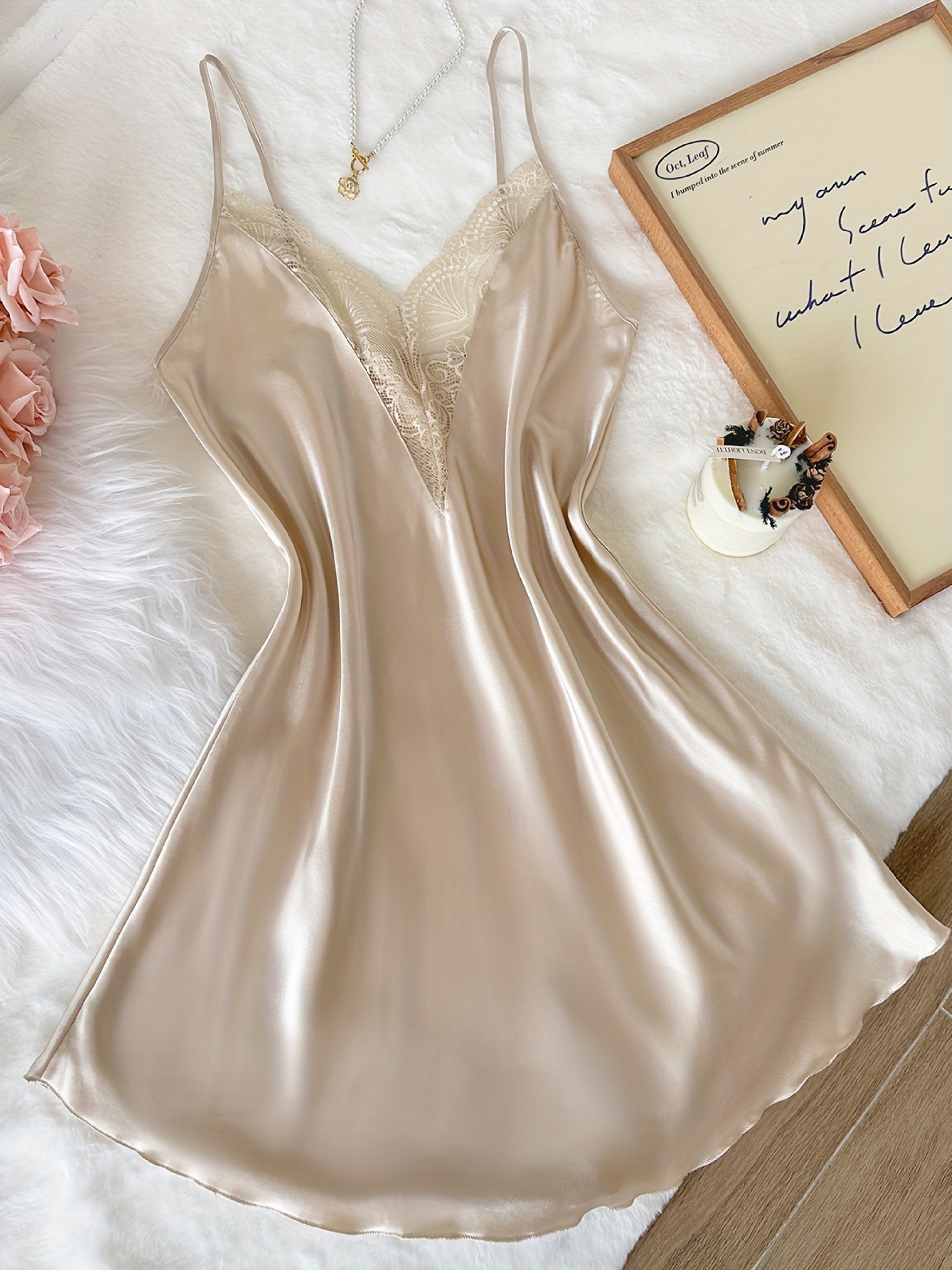 Beige Strappy Lace Insert Slip Dress