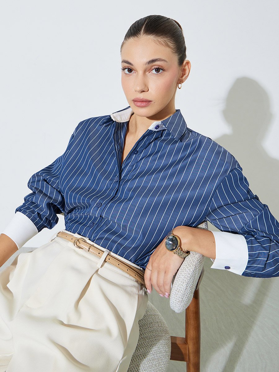 Navy Blue Striped Oversized Shirt
