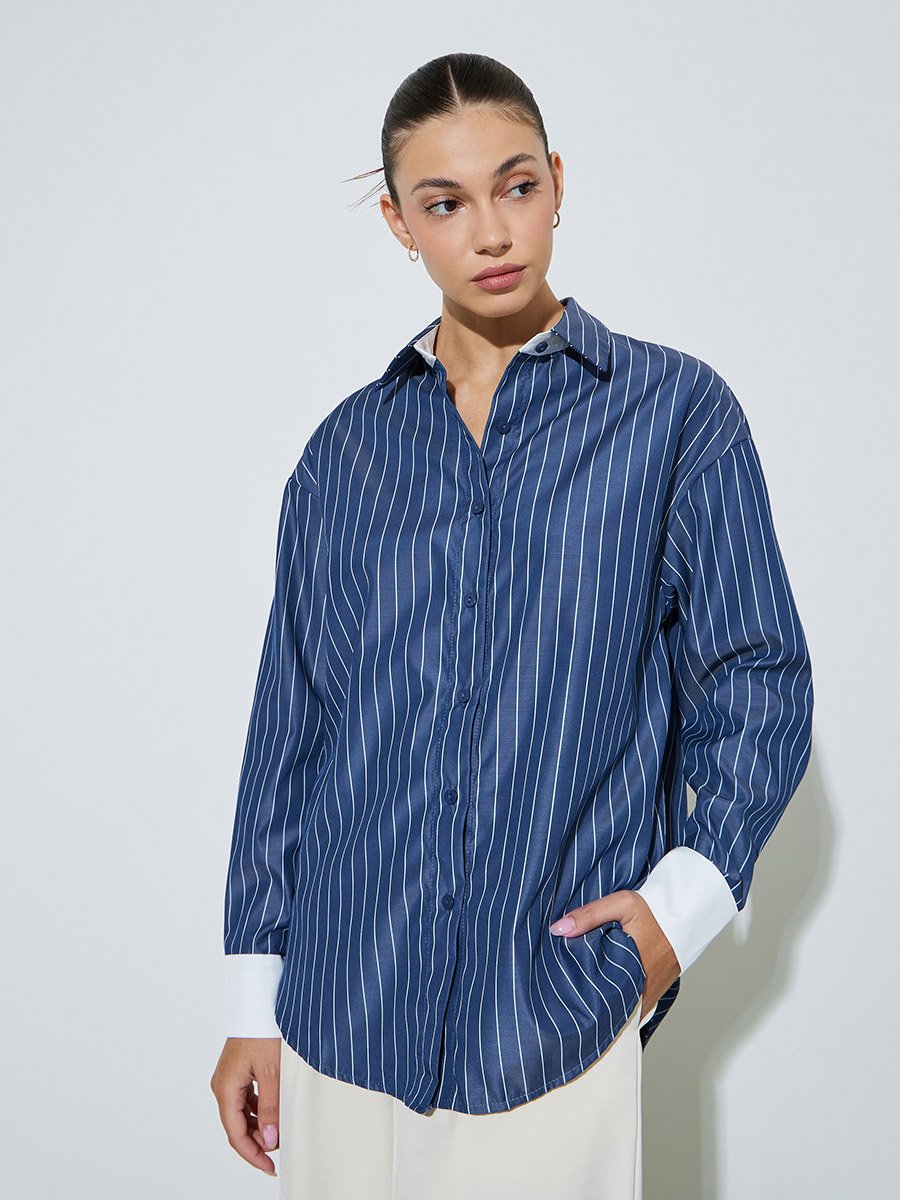 Navy Blue Striped Oversized Shirt