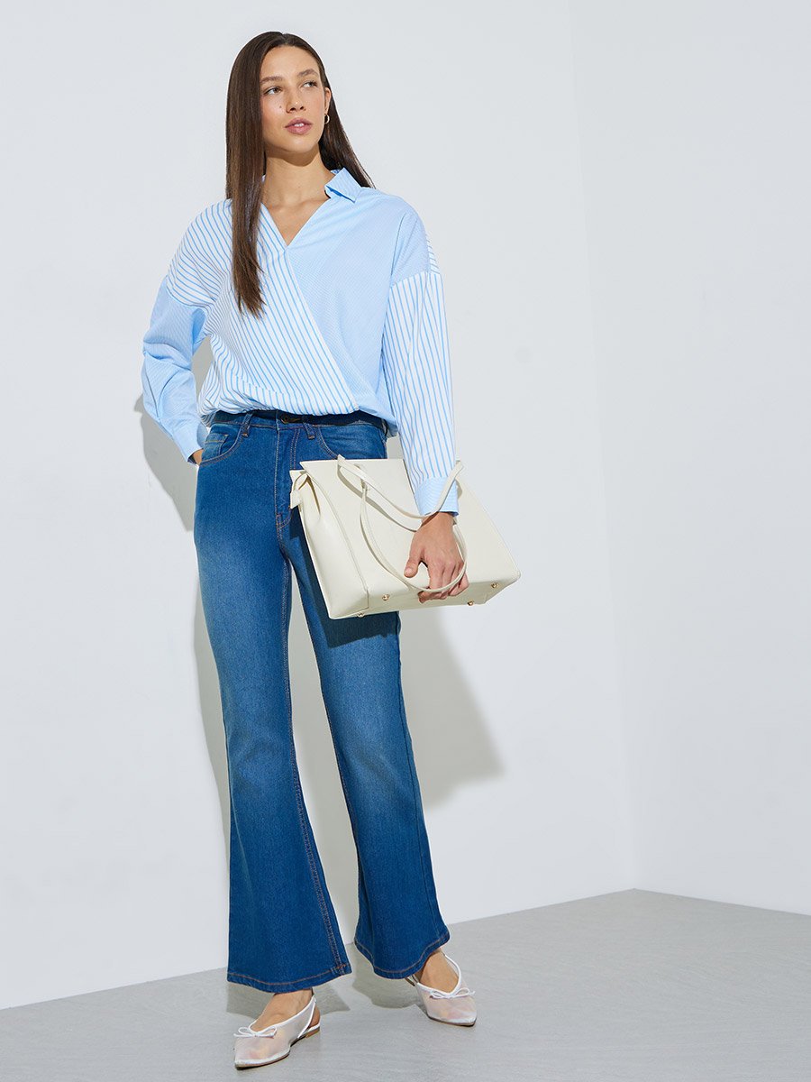 Light Blue Striped Wrap Front Shirt