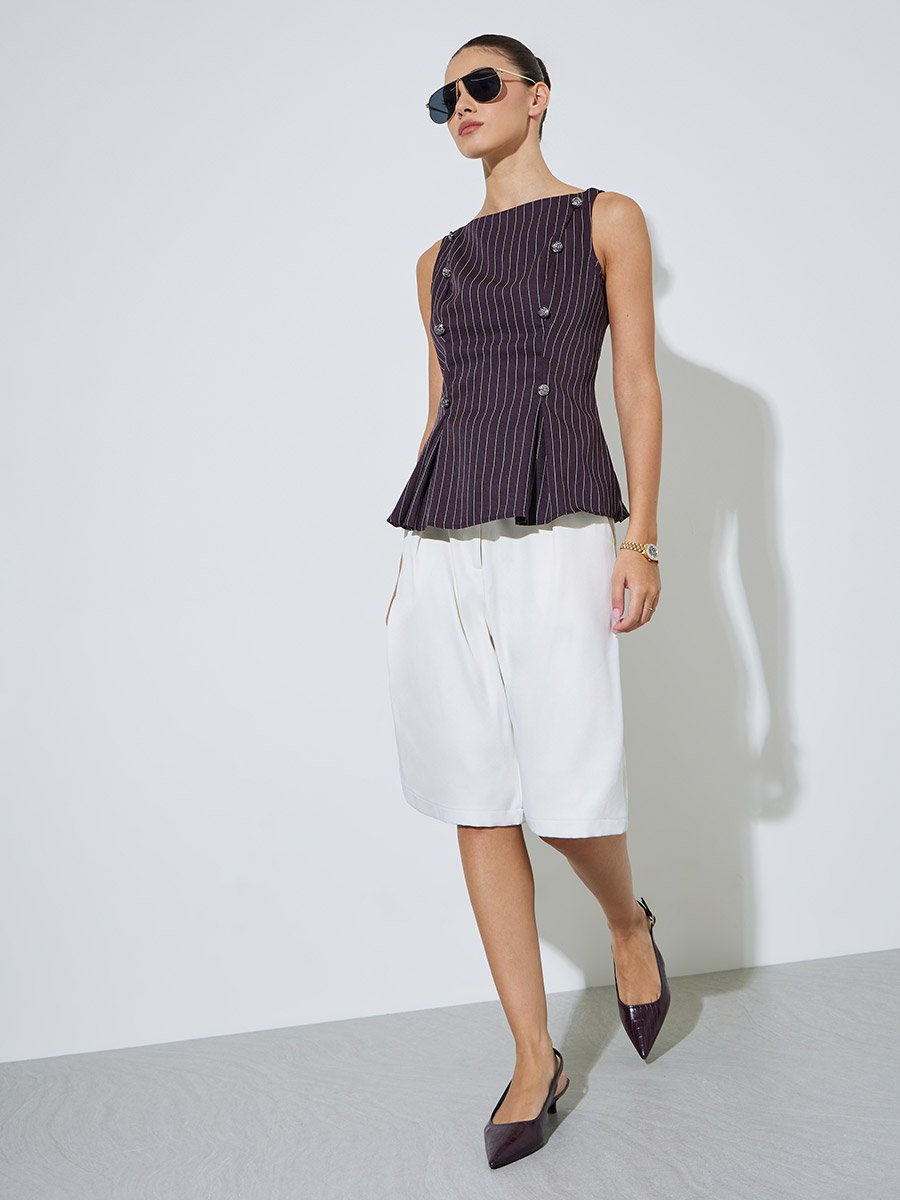 Brown Striped Sleeveless Peplum Top