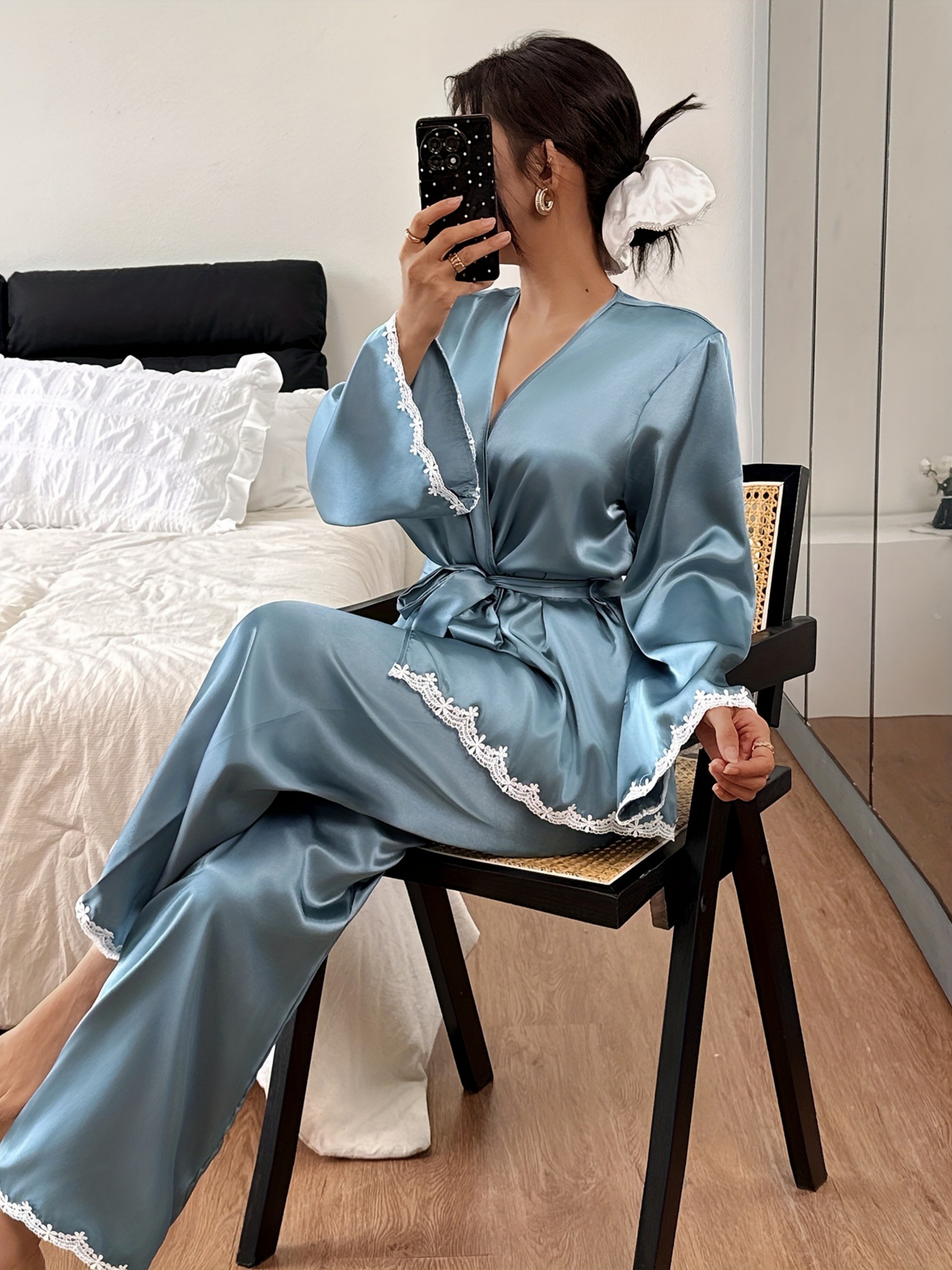 Blue Satin Lace Trim Wrap Top and Pyjama Set