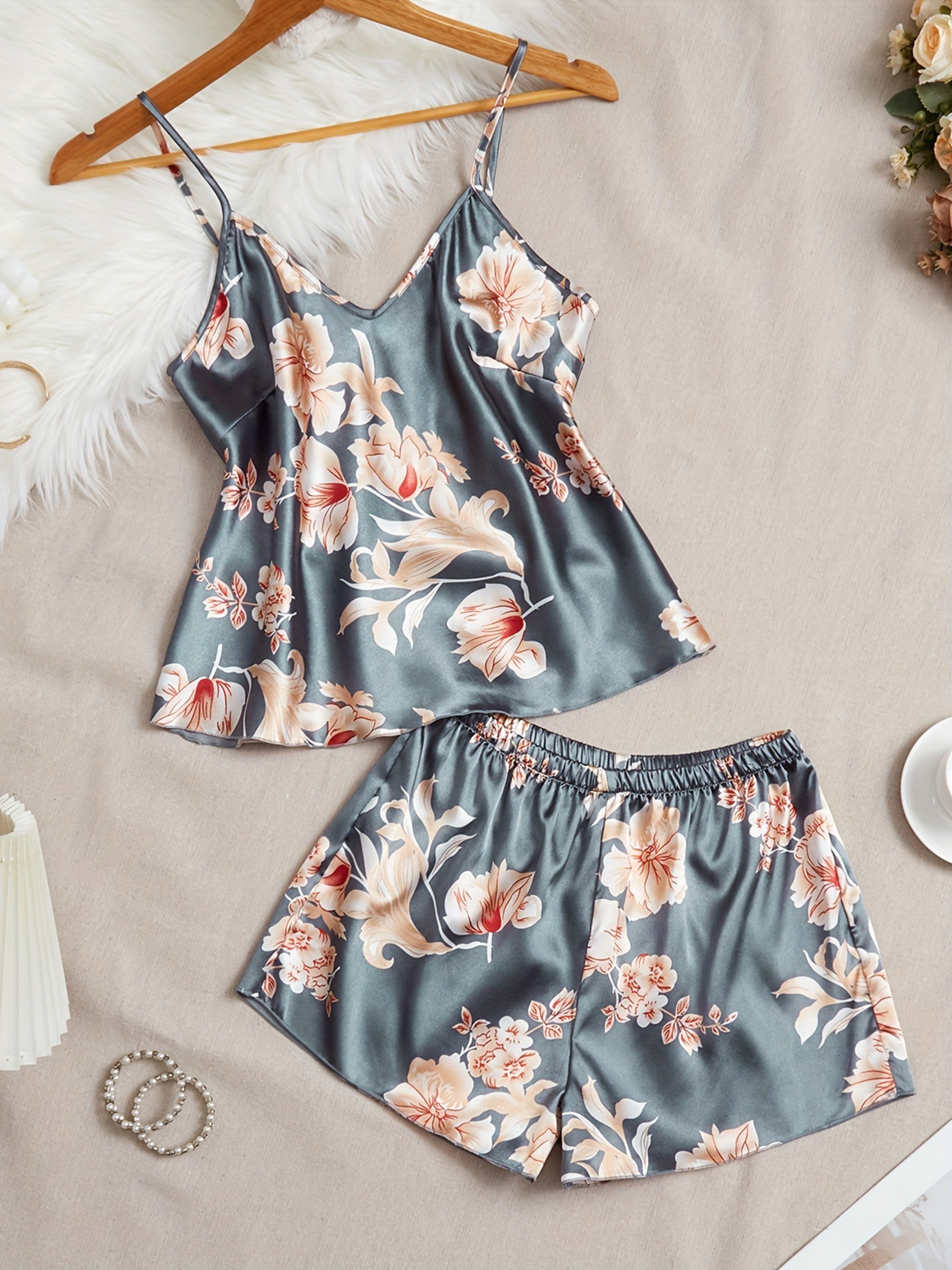 Blue Floral Print Cami and Short Set