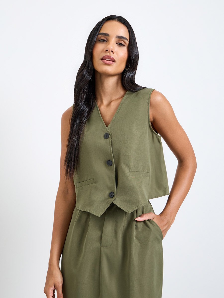 Olive Sleeveless Waistcoat and Skirt Co-Ord Set