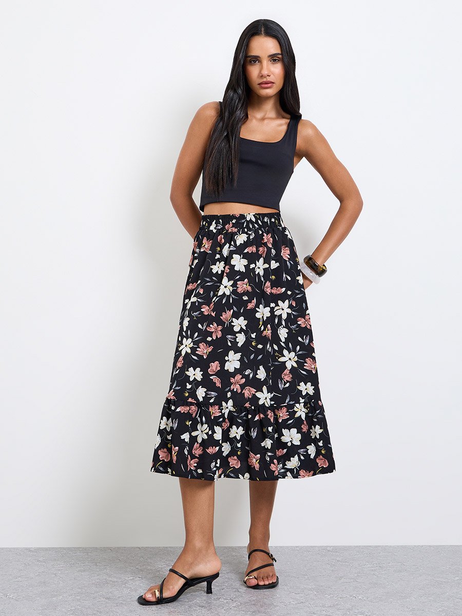 Black Floral A-Line Midi Skirt