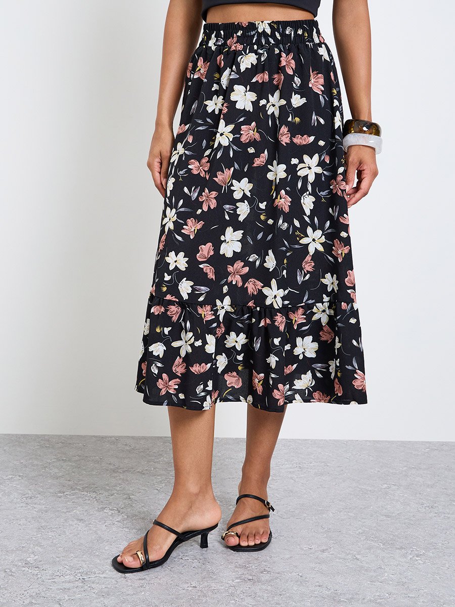 Black Floral A-Line Midi Skirt