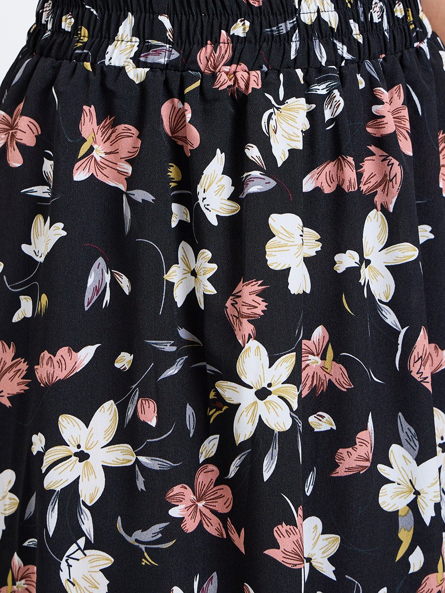 Black Floral A-Line Midi Skirt