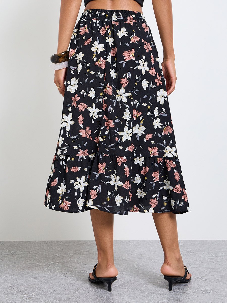 Black Floral A-Line Midi Skirt