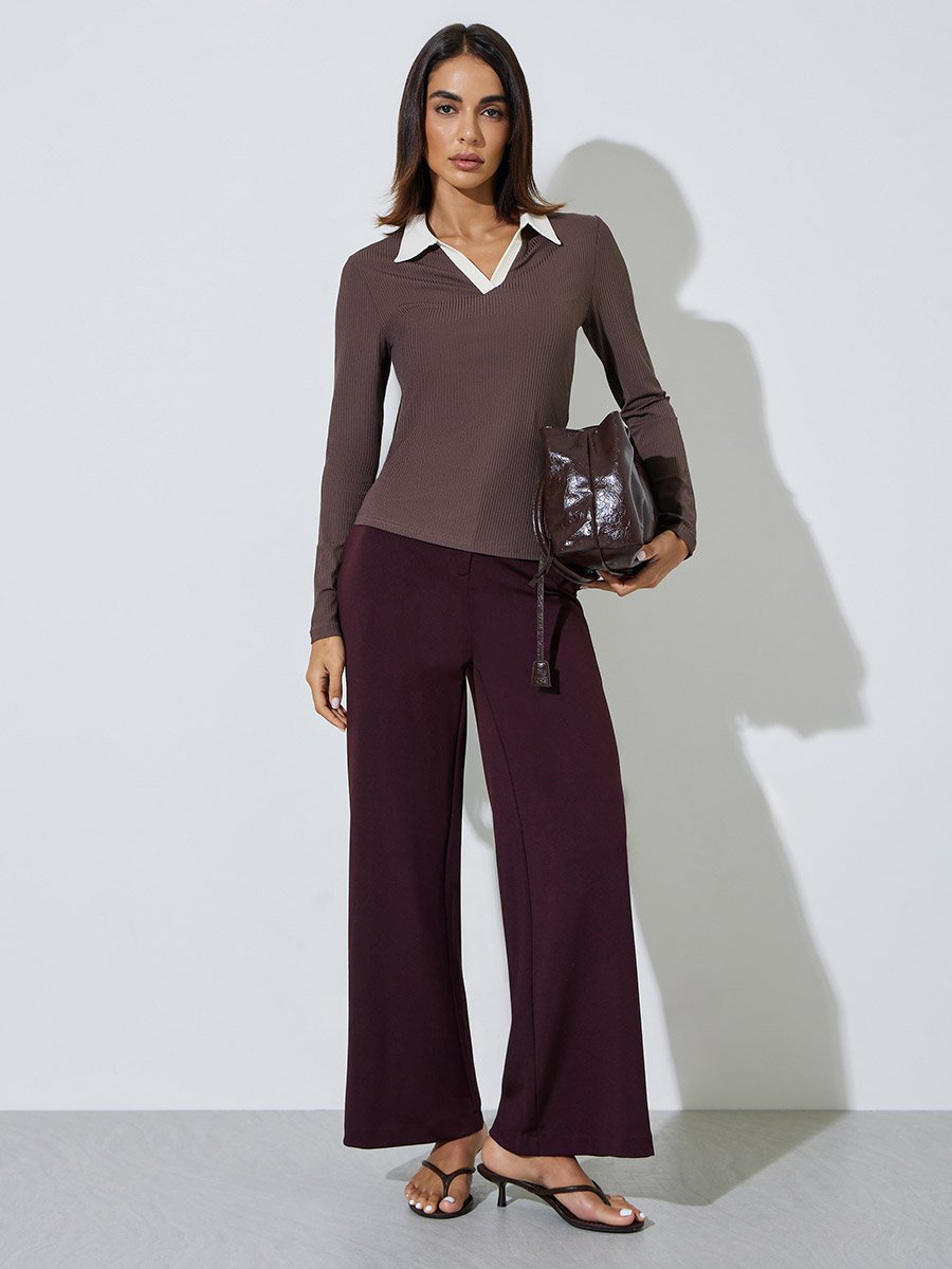 Brown Contrast Collar Long Sleeves Ribbed Top