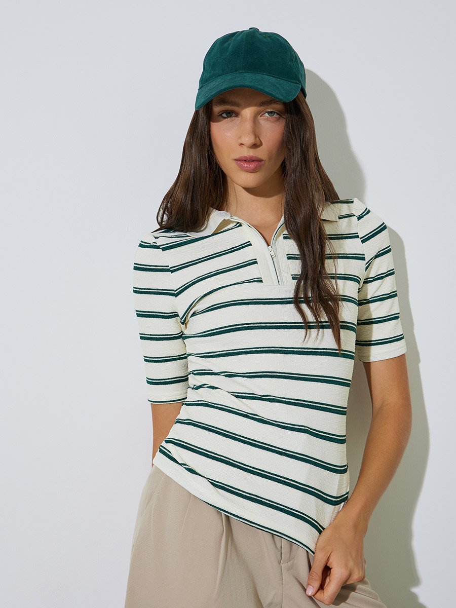 Off White Striped Fitted Knit Top