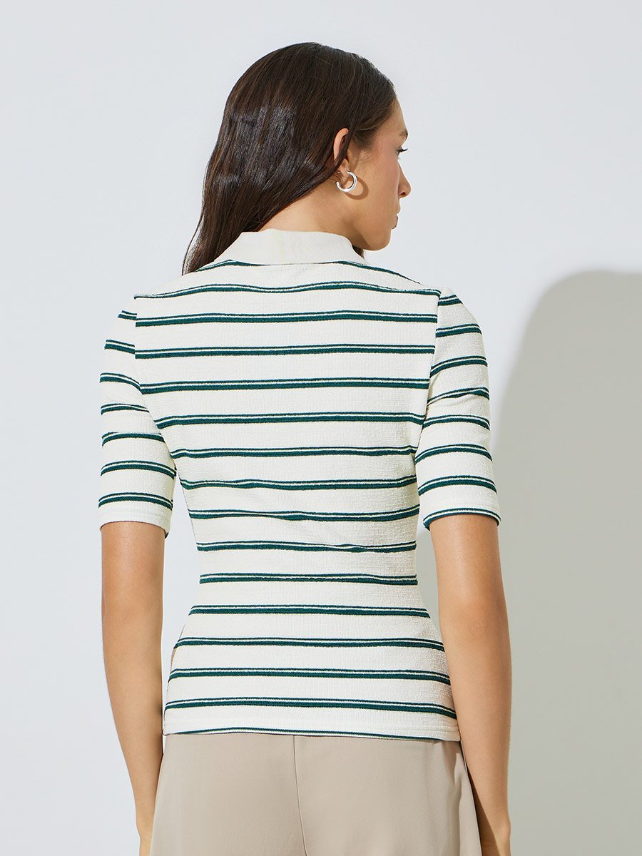 Off White Striped Fitted Knit Top