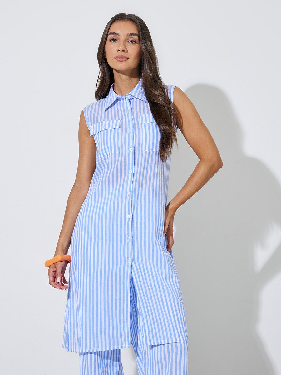Beige Striped Longline Shirt