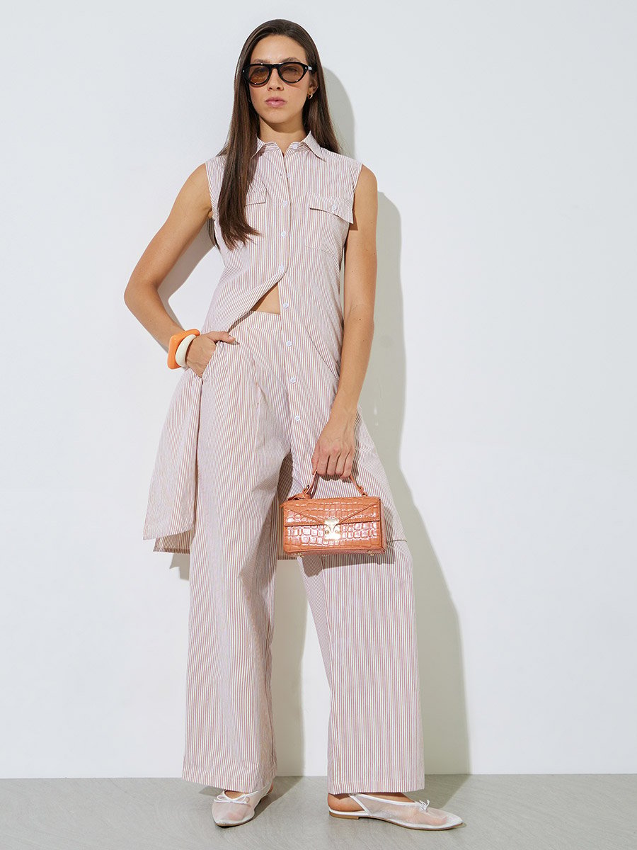 Beige Striped Wide Leg Trousers