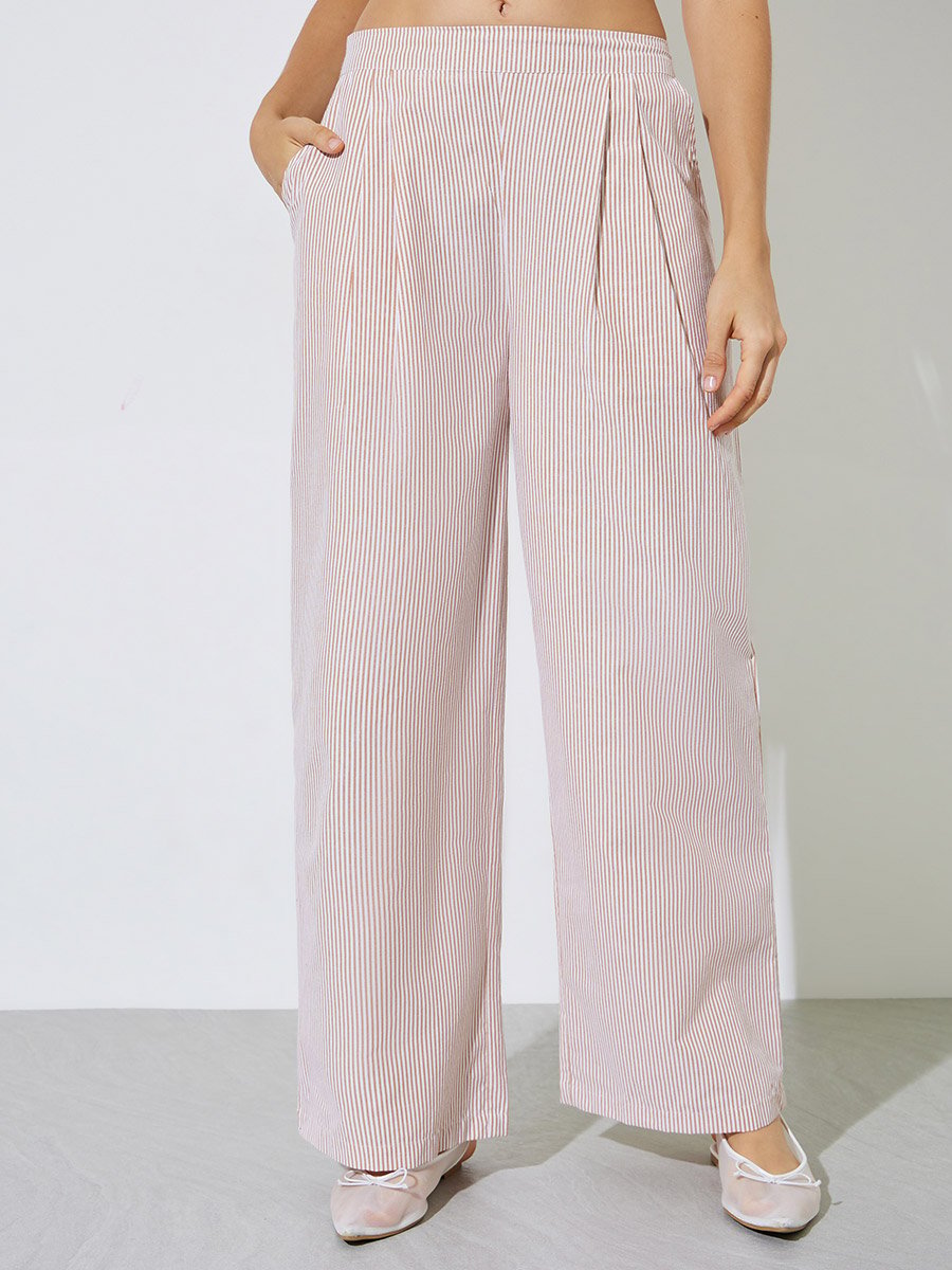 Beige Striped Wide Leg Trousers