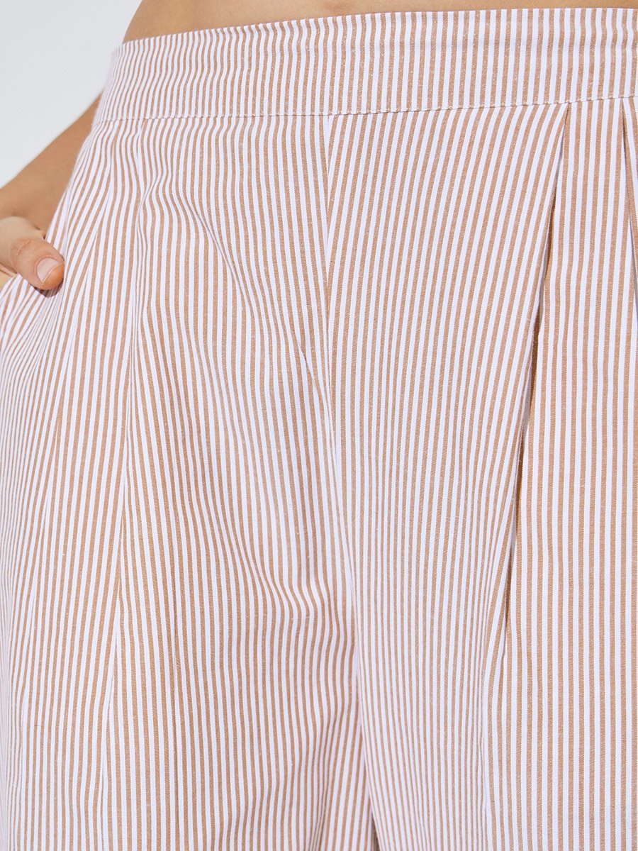 Beige Striped Wide Leg Trousers