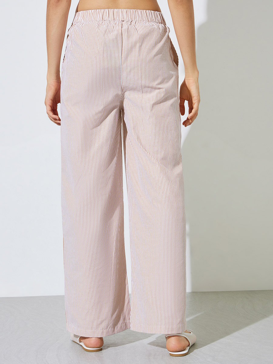 Beige Striped Wide Leg Trousers