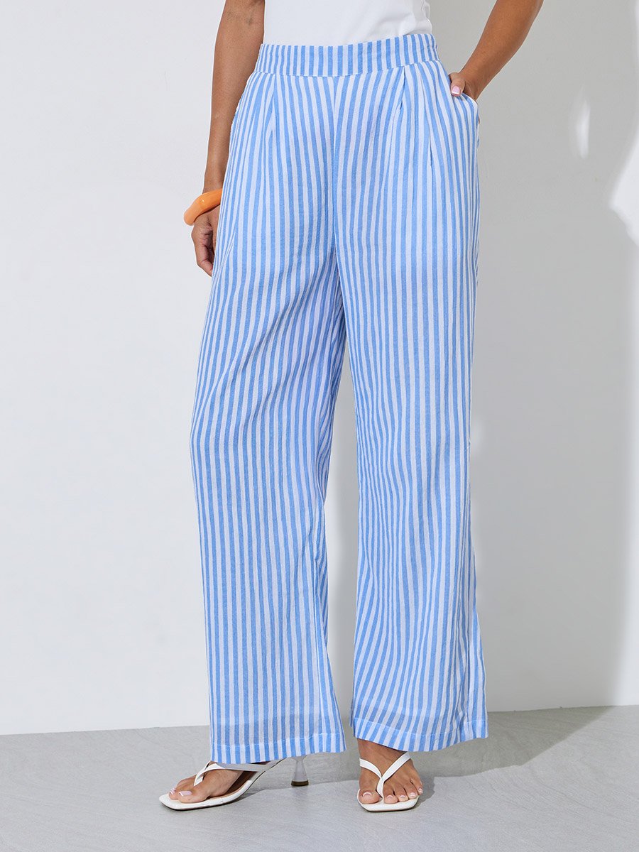Blue Striped Wide Leg Trousers