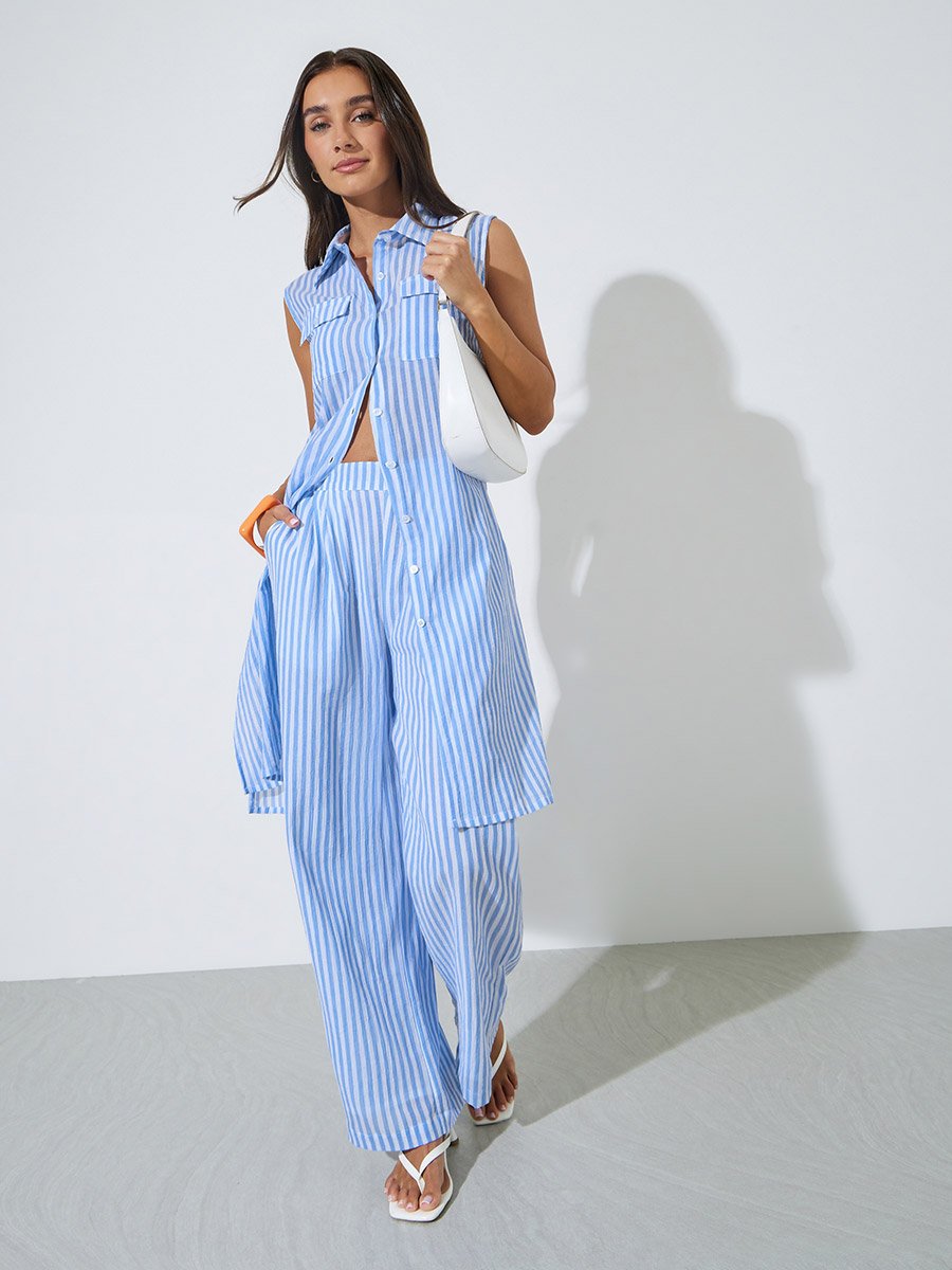 Blue Striped Wide Leg Trousers