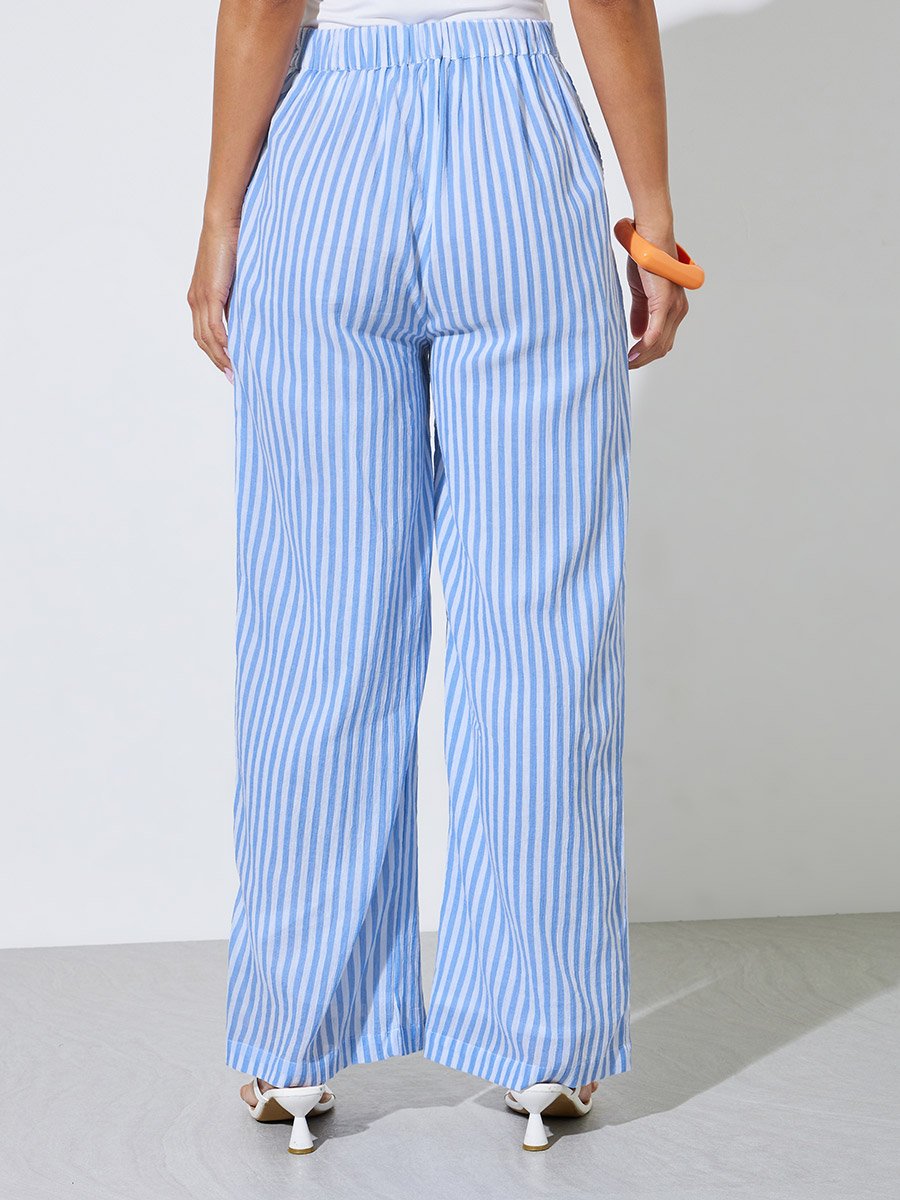 Blue Striped Wide Leg Trousers