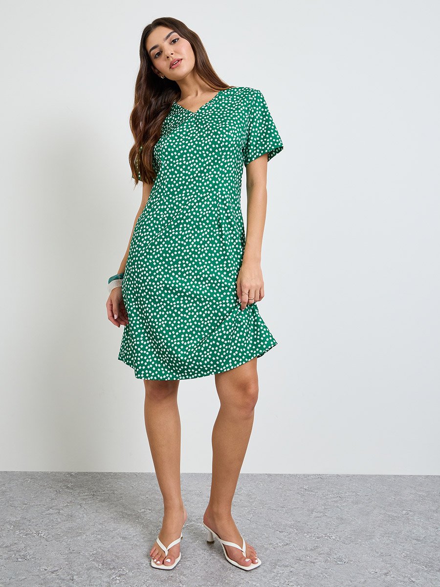 Green Polka Dot Print Knee-Length Dress