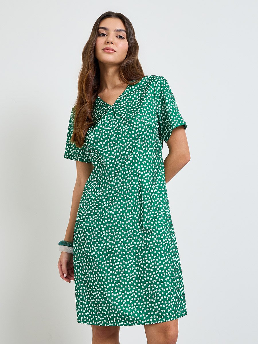 Green Polka Dot Print Knee-Length Dress