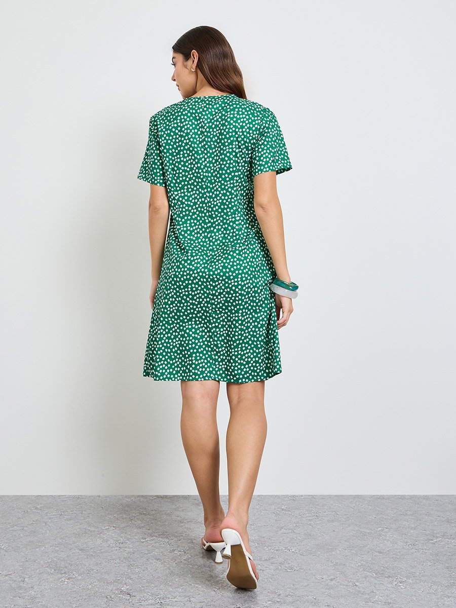 Green Polka Dot Print Knee-Length Dress