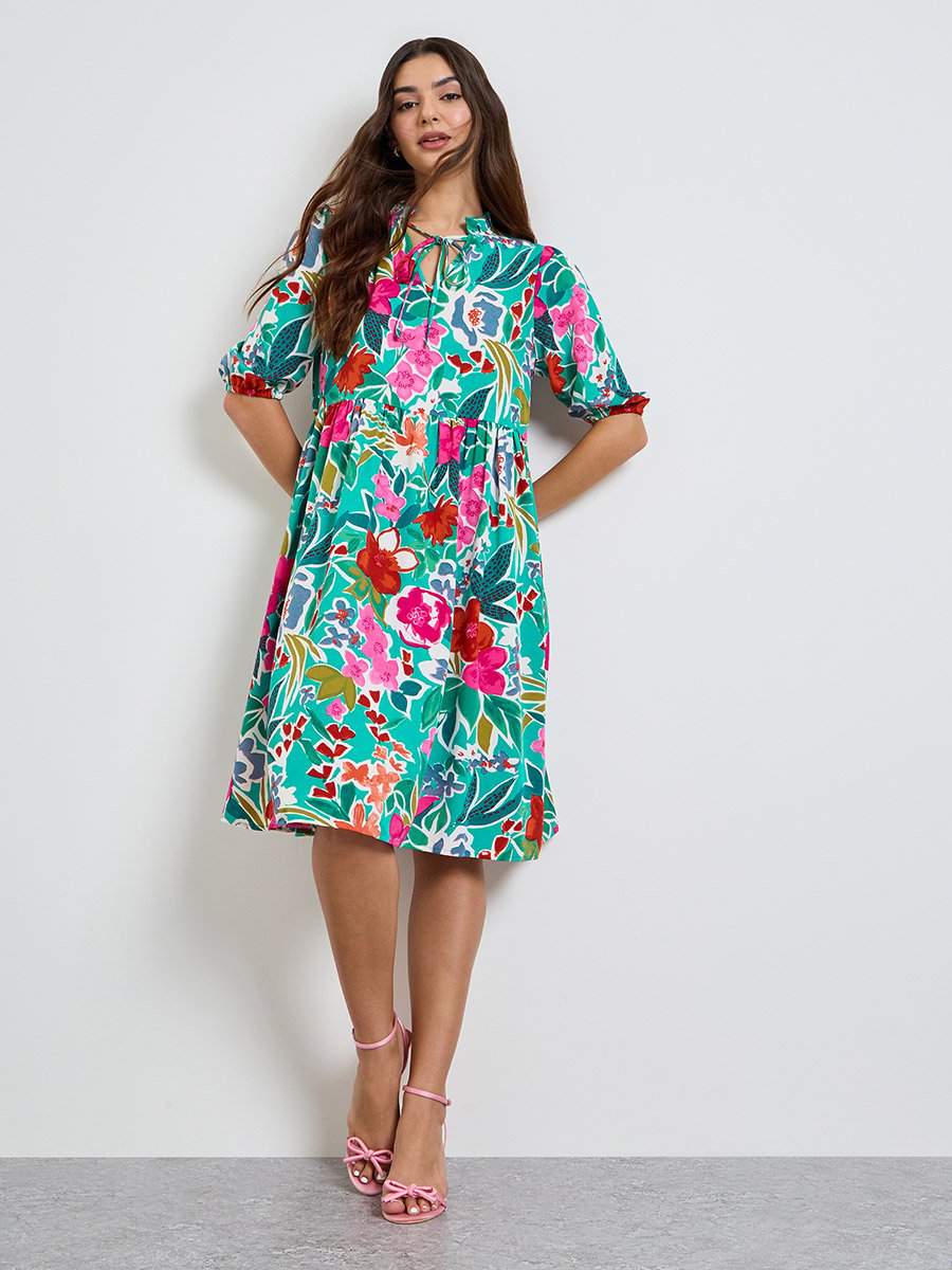 Green Tropical Print Knee-Length Dress