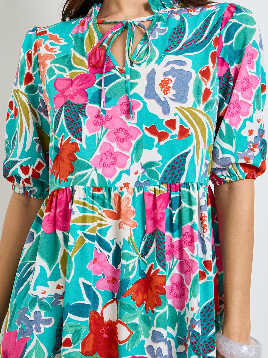 Green Tropical Print Knee-Length Dress