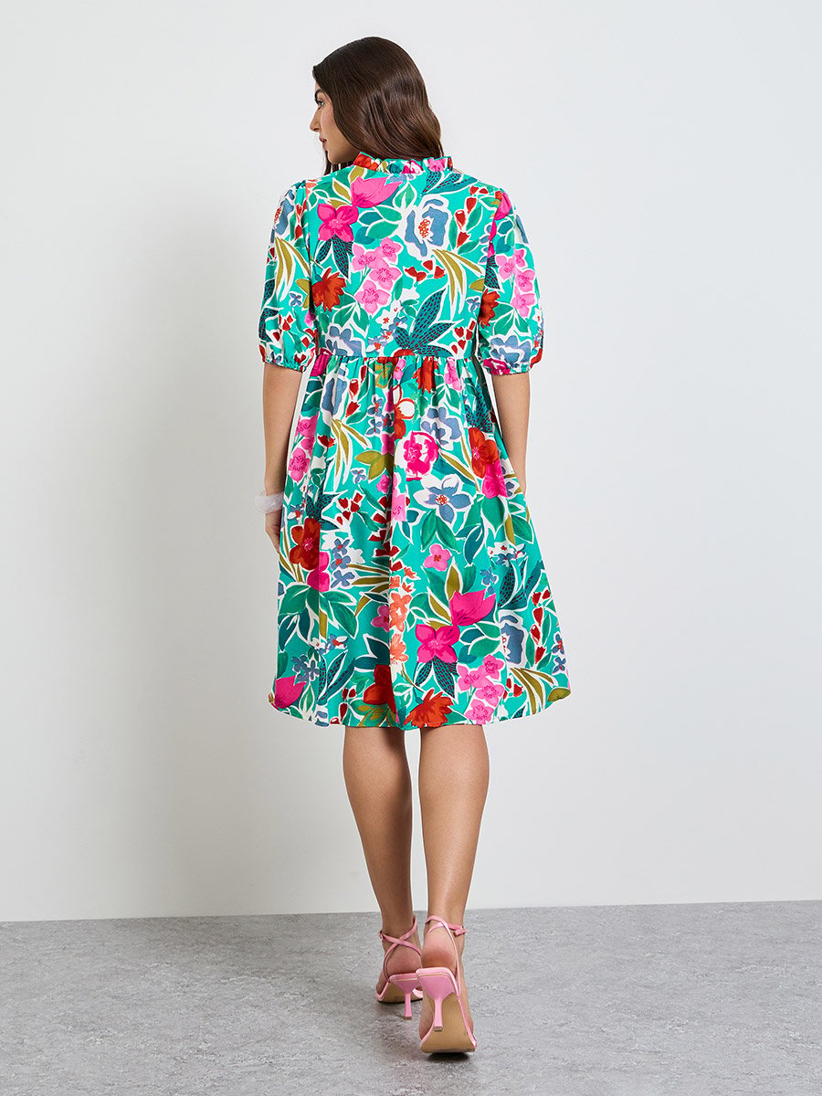 Green Tropical Print Knee-Length Dress