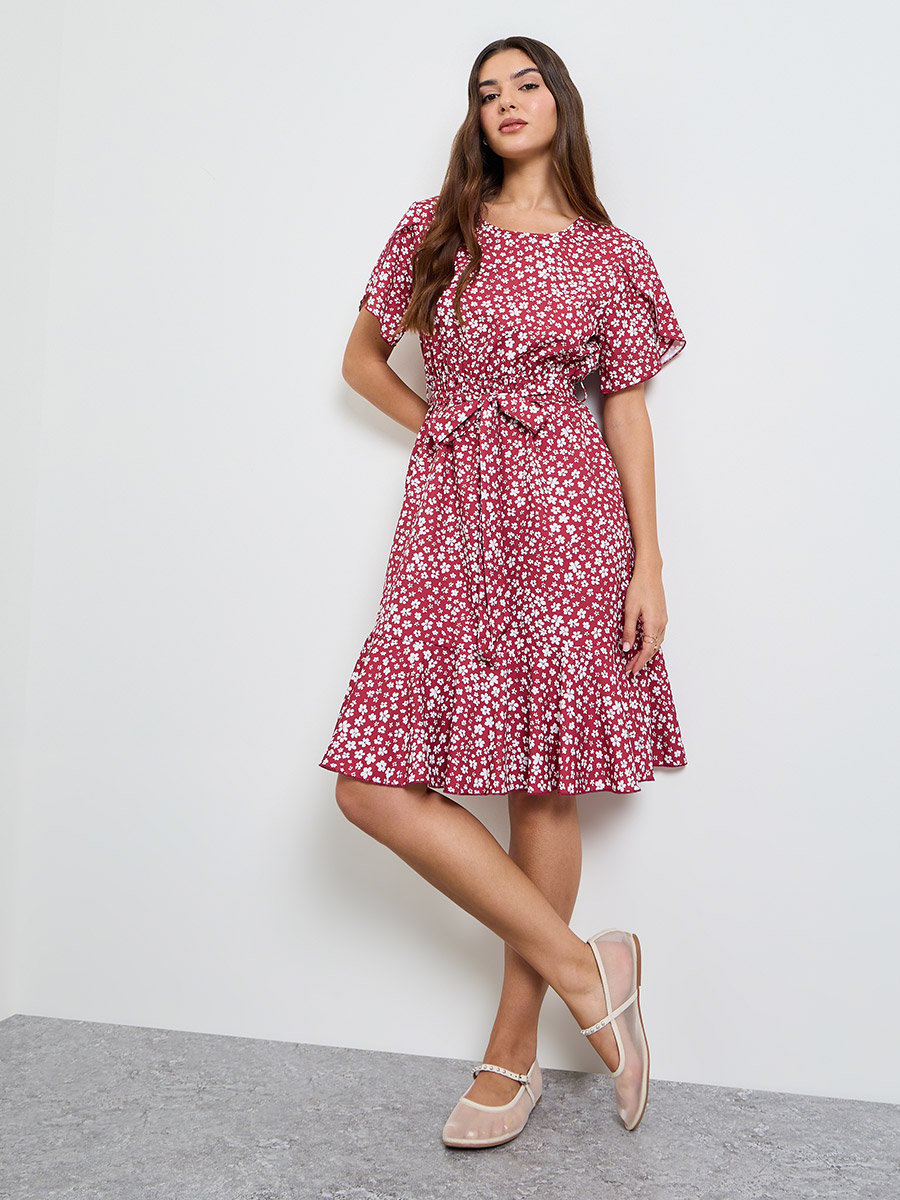 Red Ditsy Print A-Line Knee Length Dress