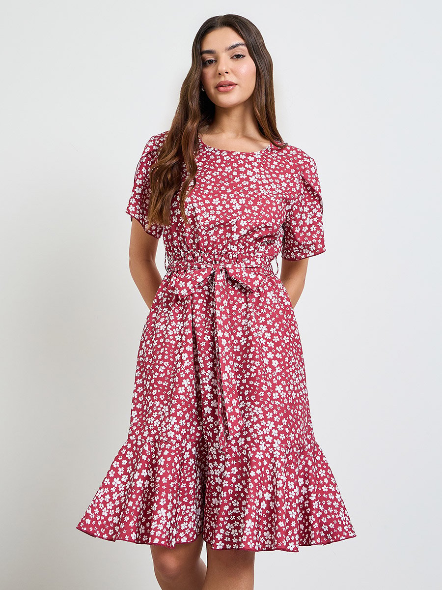 Red Ditsy Print A-Line Knee Length Dress